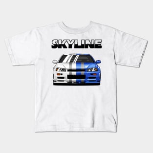 Nissan Skyline r34 GTR White Grey and Blue, JDM Car Kids T-Shirt